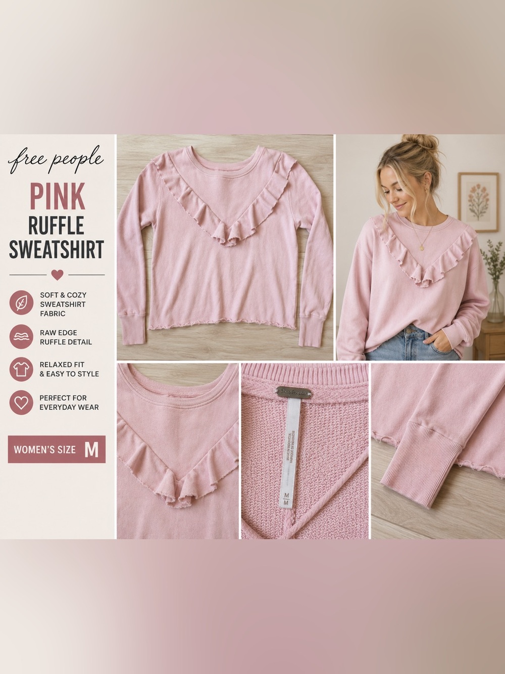 Free People Pink Ruffle Sweatshirt Women’s  Raw Hem Pullover Boho Cottagecore